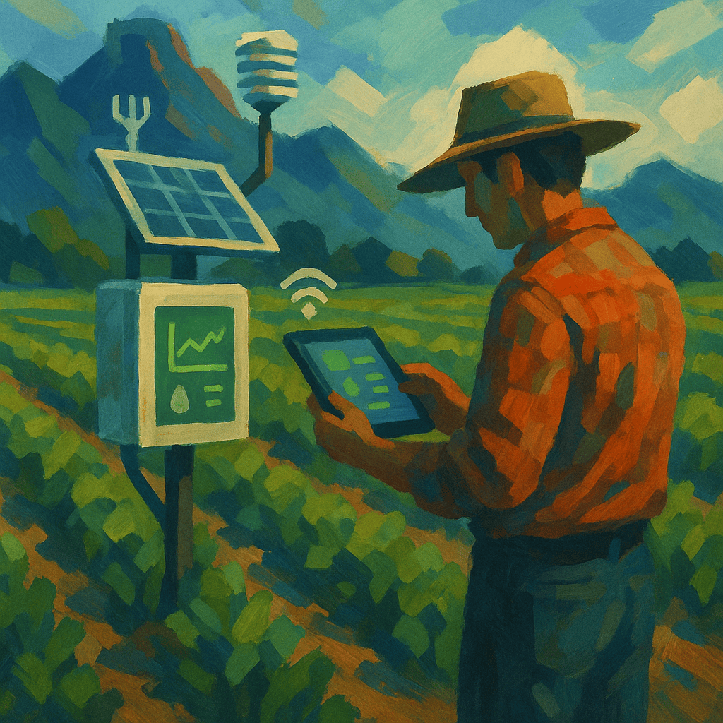 Agricultor consulta um tablet junto a uma estação de sensores com painel solar num campo de cultivo