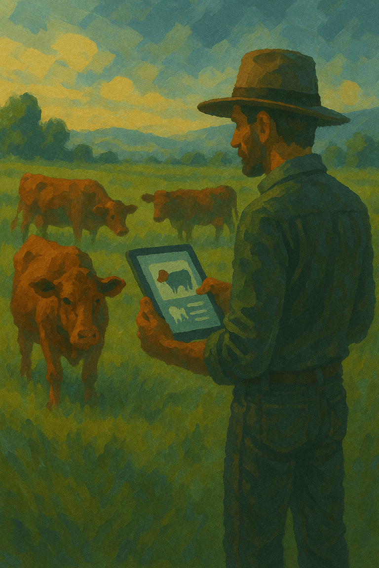 Agricultor numa pastagem consulta no tablet os dados de monitorização de três vacas