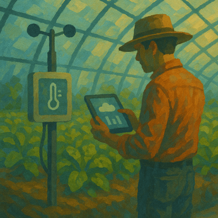 Agricultor numa estufa consulta dados climáticos num tablet junto a um sensor de temperatura e anemómetro