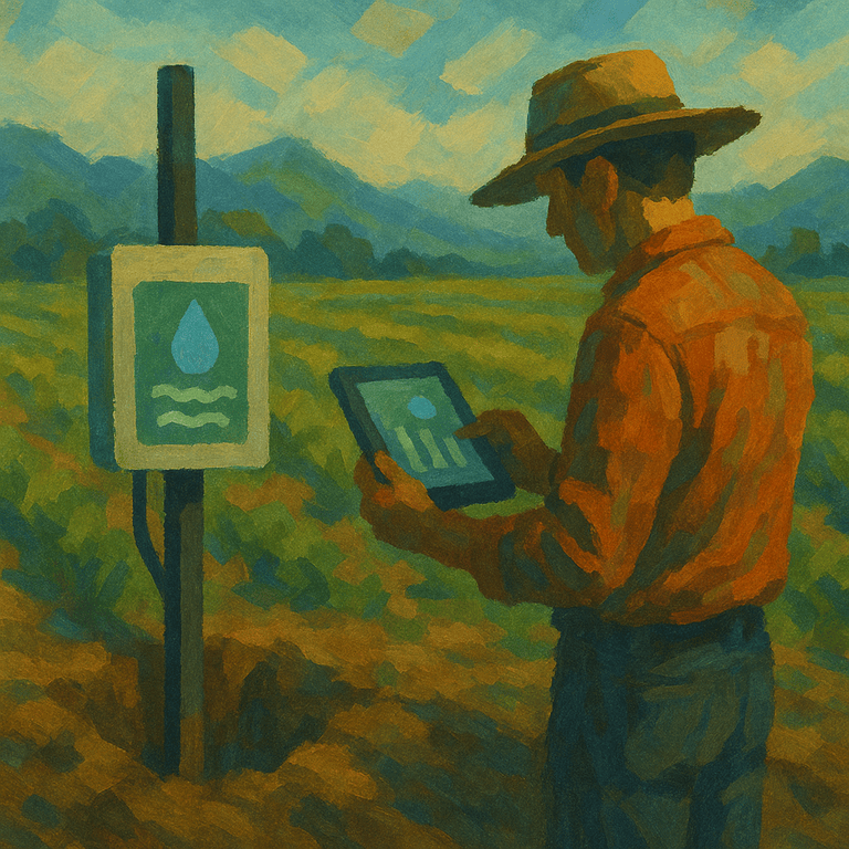 Agricultor com tablet ao lado de um sensor de humidade do solo instalado num campo lavrado