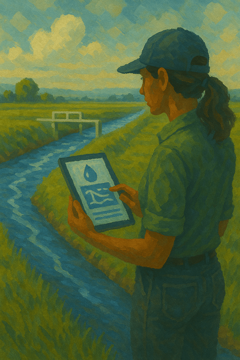 Agricultor com tablet junto a um canal de rega com comporta, a monitorizar o caudal de água